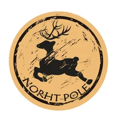 Fotobehang North Pole round shabby emblem design with flying deer silhouette, old retro style. Mail stamp isolated. Round seal imitation. Reindeer  jumping logo on craft paper background Vintage grunge icon stam © Anna Kolesnikova1161