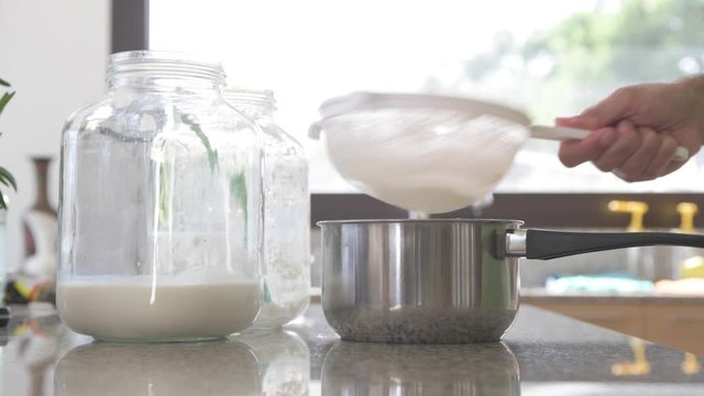 Daily milk kefir preparation in the kitchen. A man separes kefir grains from finished kefir and puts them in a new milk container to make a new preparation of a health probiotic aliment. A superfood