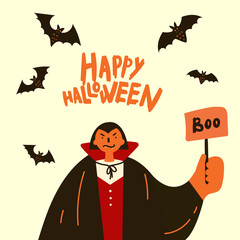 Halloween party invitations or greeting cards with handwritten calligraphy and traditional symbols.Poster with vampire in cloak and bats.Vector illustration