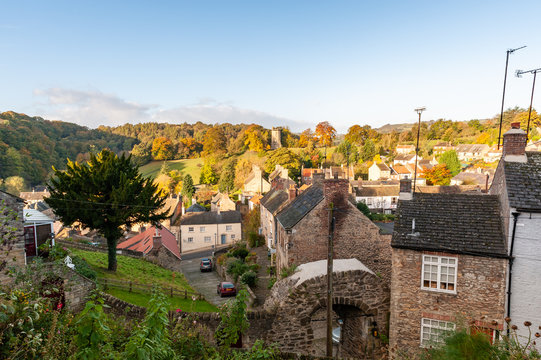 Houses in Richmond, North Yorkshire viewed from the castle walk with autumn colors