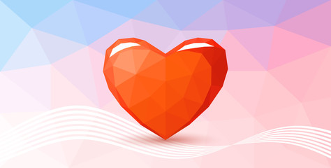 Low poly red heart on vanila background