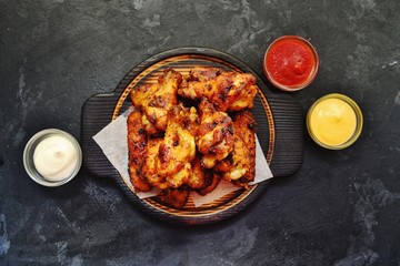 Fried chicken wings. Chicken wings on a dark background on a blackboard. Barbecue meat, grill. Sauce in bowls, ketchup, mayonnaise, mustard, cheese sauce. Appetizing fried meat. Place for your text
