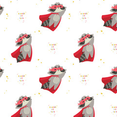 Stoffe zum Nähen Cute raccoon in superhero costume in different poses.You are my hero text. Animal with extraordinary flying abilities wear mask of a hero and red cloak.Flat vector illustration.Pattern