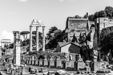 Ancient ruins of Basilica Julia and Temple of Castor and Pollux in Roman Forum, Rome, Italy