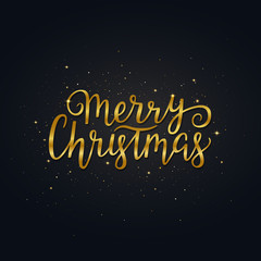 Fototapeta na wymiar Merry Christmas gold hand drawn lettering. Bright golden xmas text with glitter sparkles and stars. Christmas calligraphy. Winter holiday greeting quote. Vector illustration