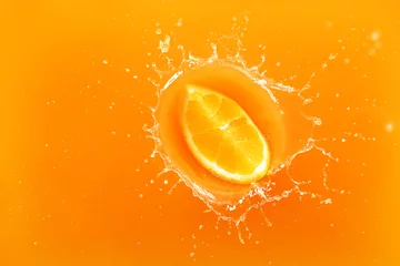 Tuinposter Falling of orange piece into juice, top view © Pixel-Shot