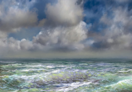 Sea and blue sky.  Digital oil paintings sea landscape. Fine art, artwork