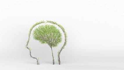 Growing Tree in a shape of human brain inside a head. Eco Concept. 3D rendering.
