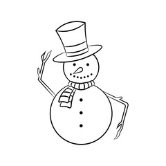 Snowman. Black outline. Vector drawing. Isolated object on a white background. Isolate.