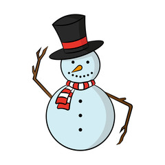 Cute snowman in a hat. Vector drawing. Isolated object on a white background. Isolate.