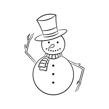 Snowman. Black outline. Vector drawing. Isolated object on a white background. Isolate.