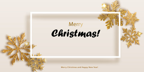 Fototapeta na wymiar Vector illustration of beautiful shiny complex Christmas snowflakes made of sparkles in golden colors and white frame with shadow and inscription on light background
