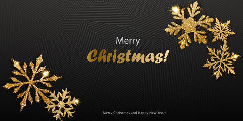 Vector illustration of beautiful shiny complex Christmas snowflakes made of sparkles in golden colors with shadows on dark background
