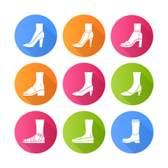 Women modern shoes flat design long shadow glyph icons set. Female summer and autumn elegant footwear. Stiletto high heels, sandals, pumps. Winter and fall season boots. Vector silhouette illustration