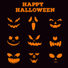 Collection of Halloween pumpkins carved faces silhouettes. Black and white images. Template for cut out jack o lantern.