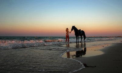 sexy woman on beach playing with white horse and enjoying the friendship