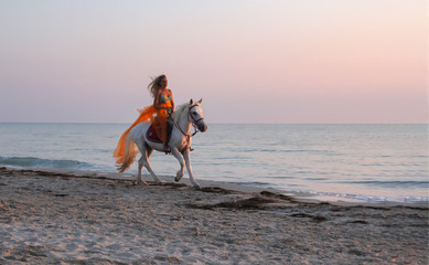 sexy woman on beach playing with white horse and enjoying the friendship