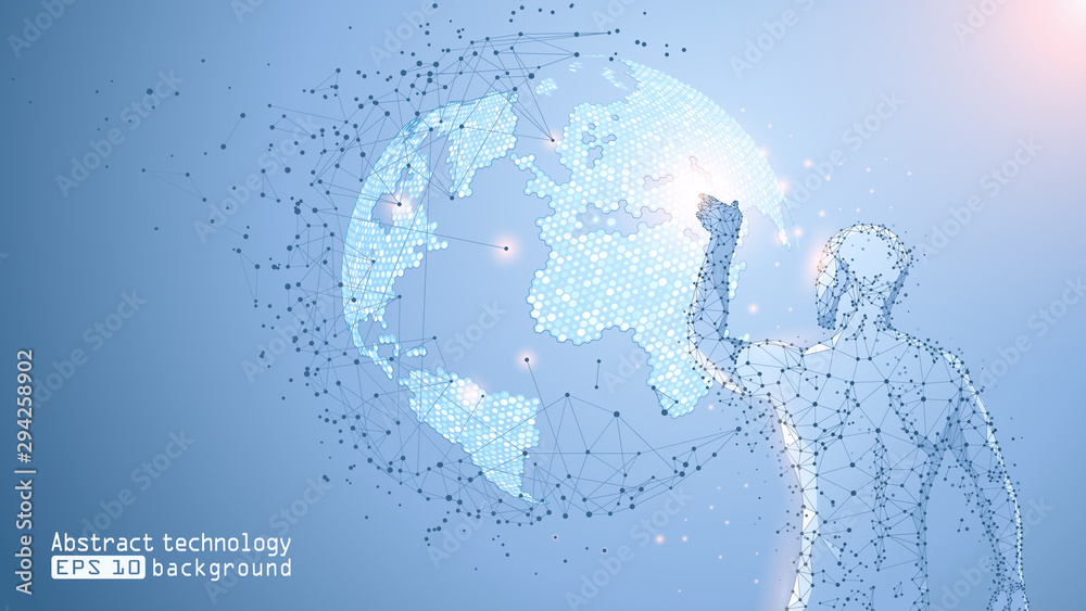 Wall mural blue abstract vector background. low poly wireframe contour of a man. man touches planet earth. a gr