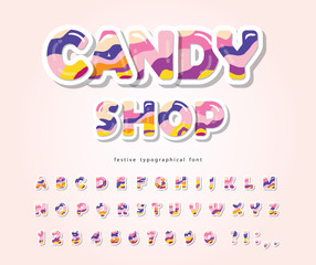Paper cut out sweet font design. Candy ABC letters and numbers. Glossy 3d alphabet. vector