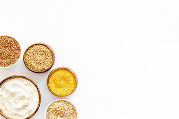 Set of cereals on white background top view frame copy space
