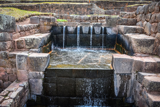 Inca water channels and fountains at the Tipon archaeological site, just south of Cusco, Peru
