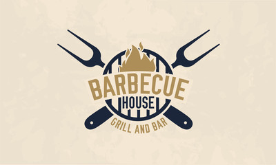 Barbecue house logo template. BBQ, barbecue, grill and bar logo, label, badge. Vector illustratin