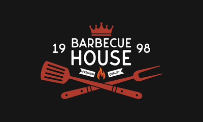 Barbecue restaurant logo. BBQ Grill logo, poster, menu template. Grill fork and Spatula. Vintage BBQ emblem. Vector illustration