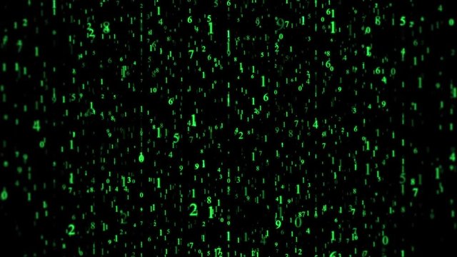 Many green binary numbers moving to moving up and down. Background with bokeh. 3D animation