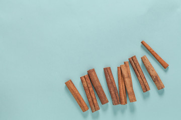 Cinnamon Sticks Isolated On Blue Background with copyspace