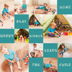 Set of some pictures of little boy playing at home, collage with text and colored blocks for your text