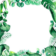 Watercolor frame with tropical leaves on white background with space for text. Illustration for design of cards, posters and invitations.