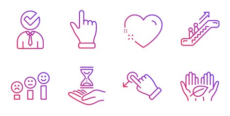 Drag drop, Heart and Escalator line icons set. Vacancy, Click hand and Time hourglass signs. Customer satisfaction, Fair trade symbols. Move, Love. People set. Gradient drag drop icon. Vector