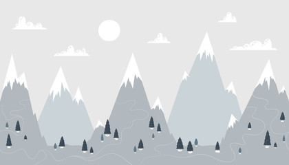 Berglandschap in een trendy Scandinavische stijl. Besneeuwde toppen in de wolken met vuren bos en wegen. Vector naadloze rand perfect voor behang in een kinderkamer. Pastel palet