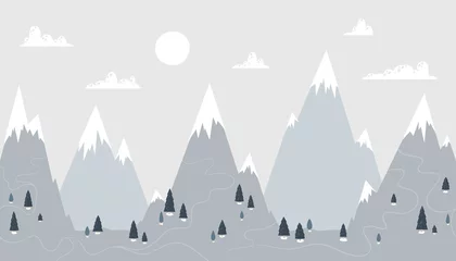 Fotobehang Kinderkamer Berglandschap in een trendy Scandinavische stijl. Besneeuwde toppen in de wolken met vuren bos en wegen. Vector naadloze rand perfect voor behang in een kinderkamer. Pastel palet