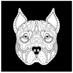 Vector illustration of a dog head for coloring book on black