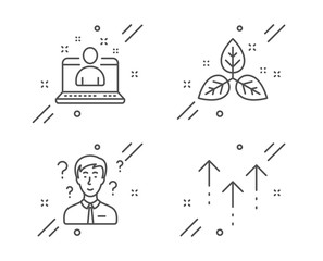 Support consultant, Fair trade and Best manager line icons set. Swipe up sign. Question mark, Leaf, Best developer. Scrolling arrow. Science set. Line support consultant outline icon. Vector