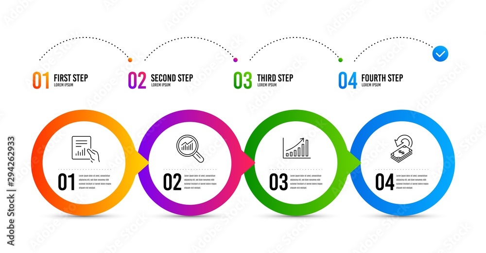 Wall mural data analysis, document and graph chart line icons set. timeline infographic. cashback sign. magnify