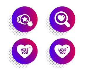 Miss you, Search love and Hold heart icons simple set. Halftone dots button. Love you sign. Dating service, Sweetheart. Love set. Classic flat miss you icon. Vector