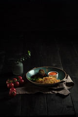 Meatloaf with potatoes straws . catering menu