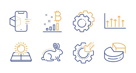 Settings gears, Augmented reality and Seo gear line icons set. Bitcoin graph, Animal tested and Growth chart signs. Sun energy, Pie chart symbols. Technology process, Phone simulation. Vector
