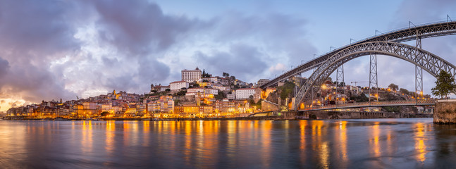 City of Porto at sunset, as seen from Cais de Gaia over Douro River