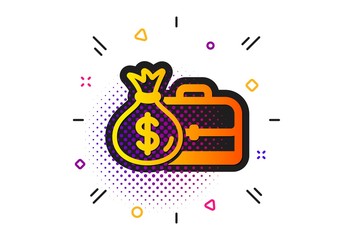 Portfolio and Salary symbol. Halftone circles pattern. Business case icon. Diplomat with Money bag sign. Classic flat salary icon. Vector