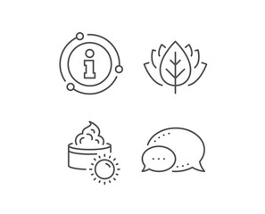 Fototapeta premium Sun face cream line icon. Chat bubble, info sign elements. Skin care sign. Cosmetic lotion symbol. Linear sun cream outline icon. Information bubble. Vector