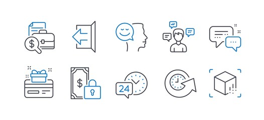 Set of Technology icons, such as Update time, 24h service, Employees messenger, Good mood, Sign out, Private payment, Conversation messages, Accounting report, Loyalty card line icons. Vector