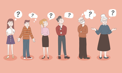 People - Teen Girl, Boy, Woman, Man, Old Men, Old Woman - are Shrugging, Thinking Confused with a Curious Expression - I don t know. Emotion and Question mark. Hand Drawn, Flat Cartoon Characters