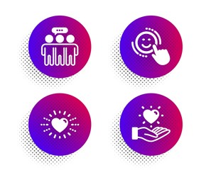 Heart, Employees group and Smile icons simple set. Halftone dots button. Hold heart sign. Love, Collaboration, Positive feedback. Love brand. People set. Classic flat heart icon. Vector