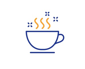 Hot cappuccino sign. Coffee cup line icon. Tea drink mug symbol. Colorful outline concept. Blue and orange thin line coffee cup icon. Vector