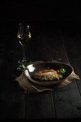 Meat steak with pearl barley . catering menu