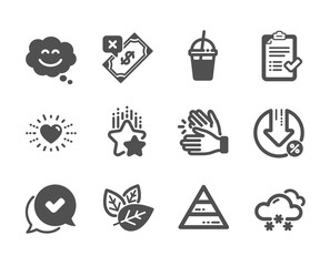 Set of Business icons, such as Snow weather, Ranking stars, Coffee cocktail, Heart, Smile chat, Pyramid chart, Organic tested, Loan percent, Rejected payment, Approved checklist, Approved. Vector