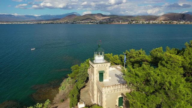 Aerial drone video of famous lighthouse built in small island in town of Halkida, Evoia island, Greece